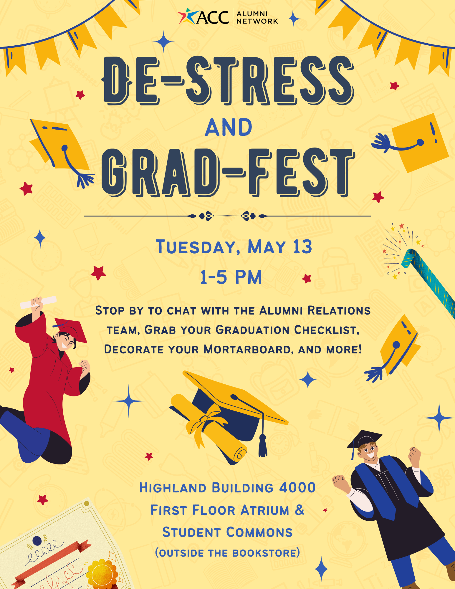 De-Stress and Grad-Fest ACC Alumni Network: De-Stress and Grad-Fest. Tuesday, May 13, 1PM to 5 PM - Stop by to chat with the Alumni Relations Team, grab your graduation checklist, decorate your mortarboard, and more! Highland Building 4000, First Floor Atrium & Student Commons (outside the bookstore)